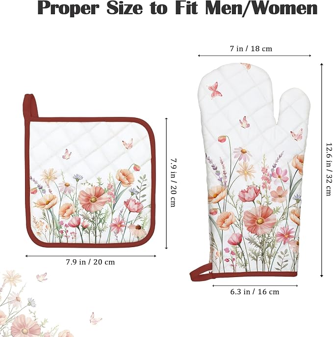 Pink Floral Oven Mitts and Pot Holders Sets 4Pcs, 100% Cotton Heat Resistant - Image 4
