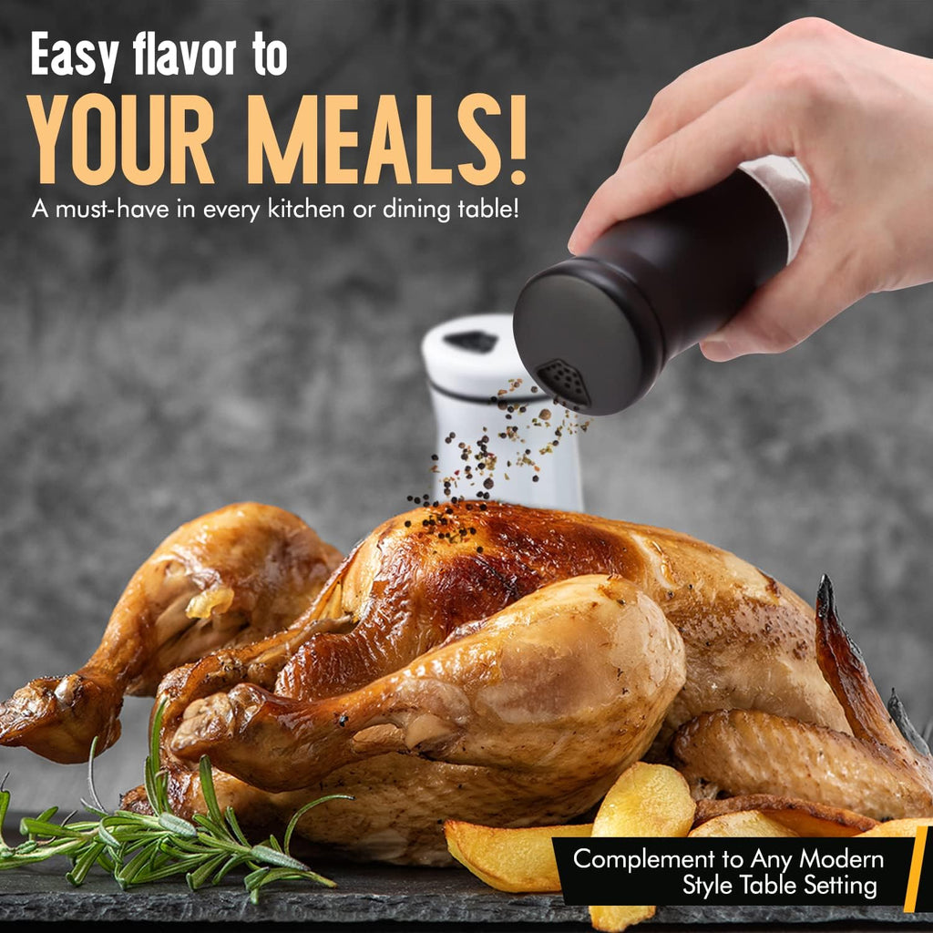 The Original Salt and Pepper Shakers set - Black & White - Spice Dispenser with Adjustable Pour Holes - Stainless Steel & Glass - Set of 2 Bottles