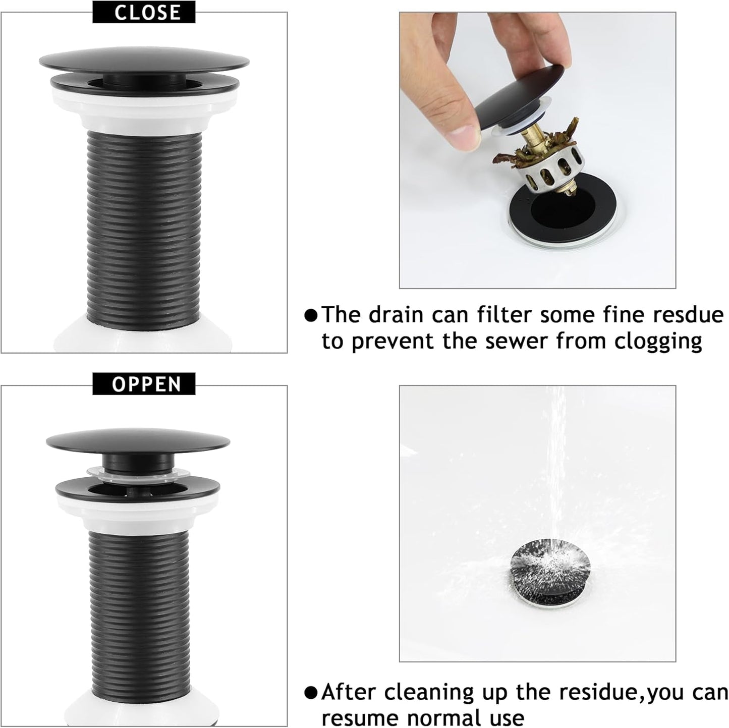 Bathroom Sink Drain,4 Pack Drain Stopper Without Overflow,Pop Up Drain Assembly with Detachable Strainer Basket,Built-in Anti-Clogging, Stainless Steel Nut Mattle Black