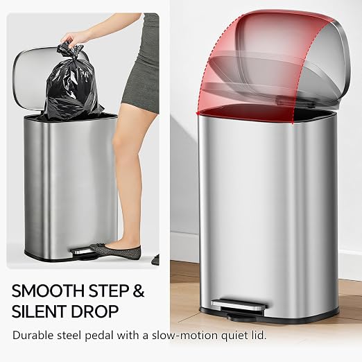 13 Gallon Trash Can and 1.6 Gallon Kitchen Trash Can Combo Set, Stainless Steel - Image 5
