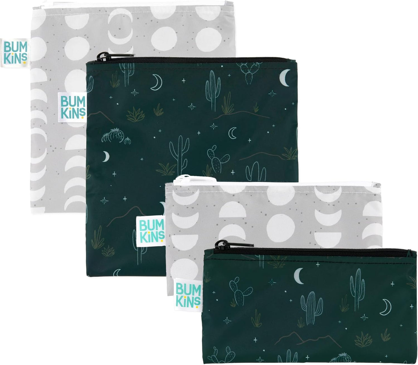 Bumkins - Cloth Snack & Sandwich Bags -For Storage, Travel, Food Prep, Lunch -Reusable, Water Resistant, Washable, Dishwasher Safe -Snack Bags for Kids -Zipper Closure -Desert Dk. Green & Gray -4 Pack