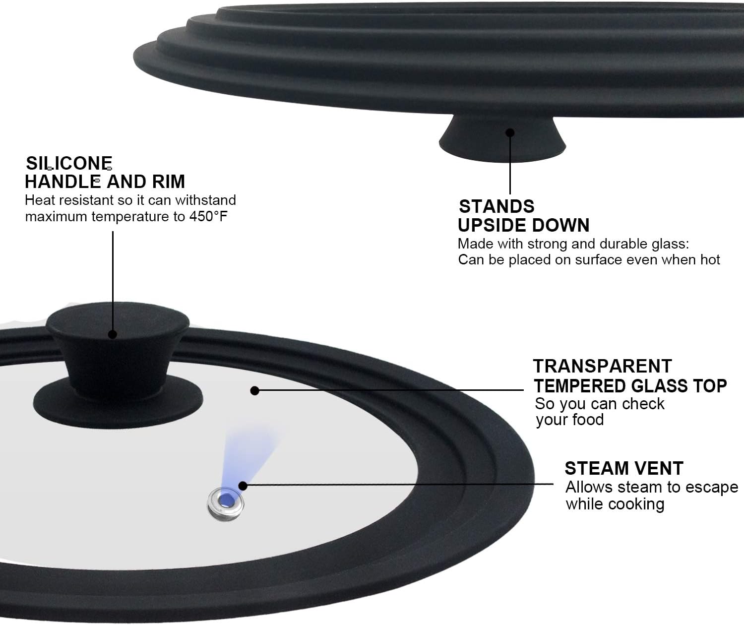 Universal Lid for Pots, Pans and Skillets & Frying Pan - Small Pan lids Fits 6.5", 7" and 8" Diameter Cookware - Tempered Glass with Heat Resistant Silicone Rim