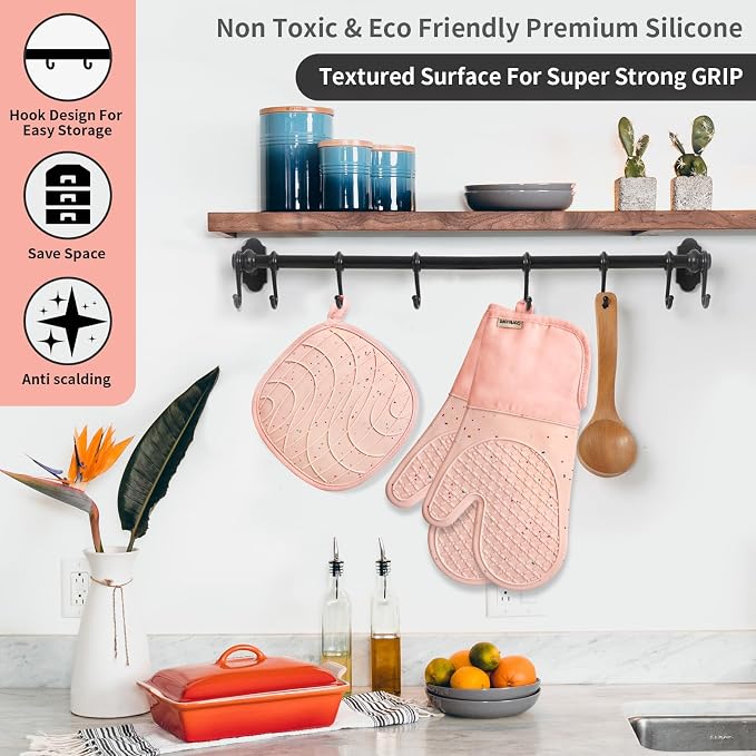 Pink Oven Mits, Heat Resistant, Non-Slip Grip Pattern, Baking Gloves - Image 5