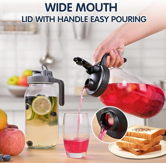 64OZ Glass Pitchers with Lid, Wide Mouth Water Jugs, Leak-Proof Airtight Mason - Image 4