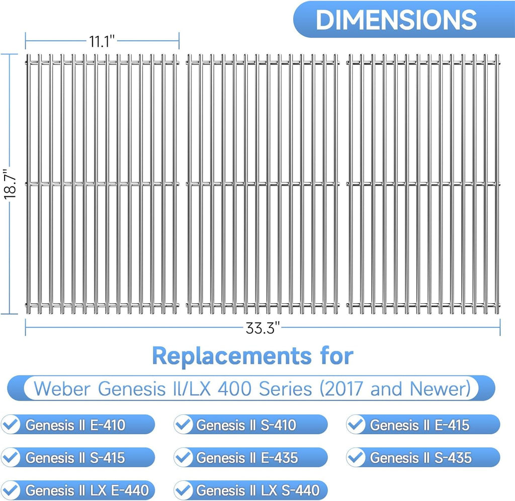 3Pack Stainless Steel Replacement Grill Parts for Weber Genesis 2 GS4 Grates 66089 66097 LX 400 SER GBS S-435, Weber Genesis II E-410, E-435, S-435, SE-410, Kitchen-aid 720-0856V 740-0781