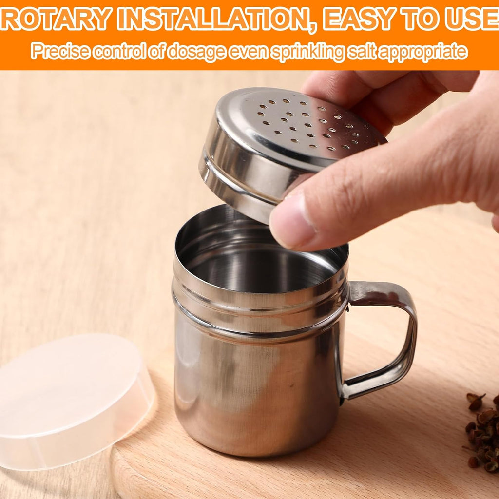 Lallisa 6 Pcs Stainless Steel Salt and Pepper Shakers with Lid and Handle Dredge Spice Seasoning Condiment Popcorn Salt Shaker Powder Sugar Flour for Cooking Kitchen Baking (6oz)