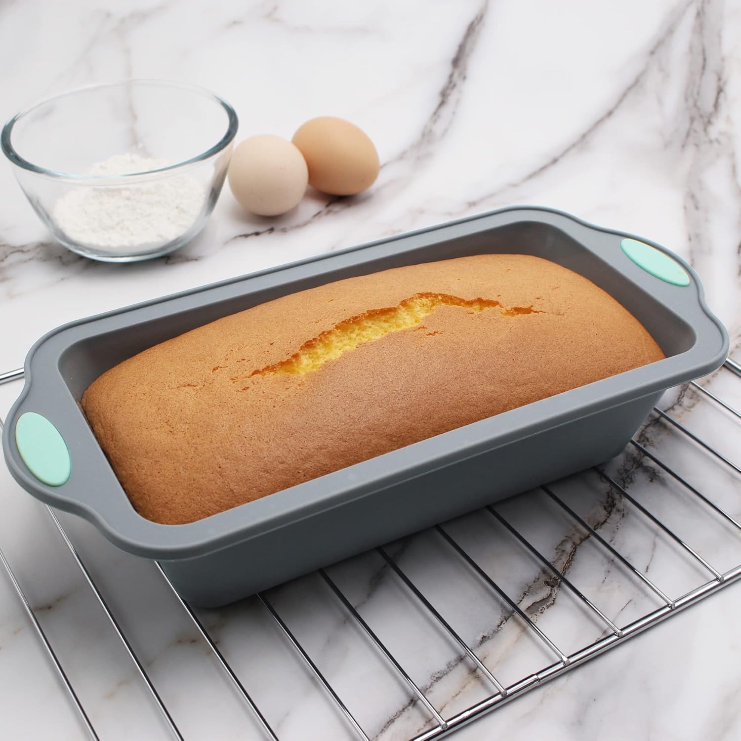 To encounter 8 in 1 Silicone Baking Set - 6 Cake Molds - 2 Silicone Baking Mat, Nonstick Cookie Sheet, Cake Muffin Bread Pan with Grips and Metal Reinforced Frame More Strength, Light Grey