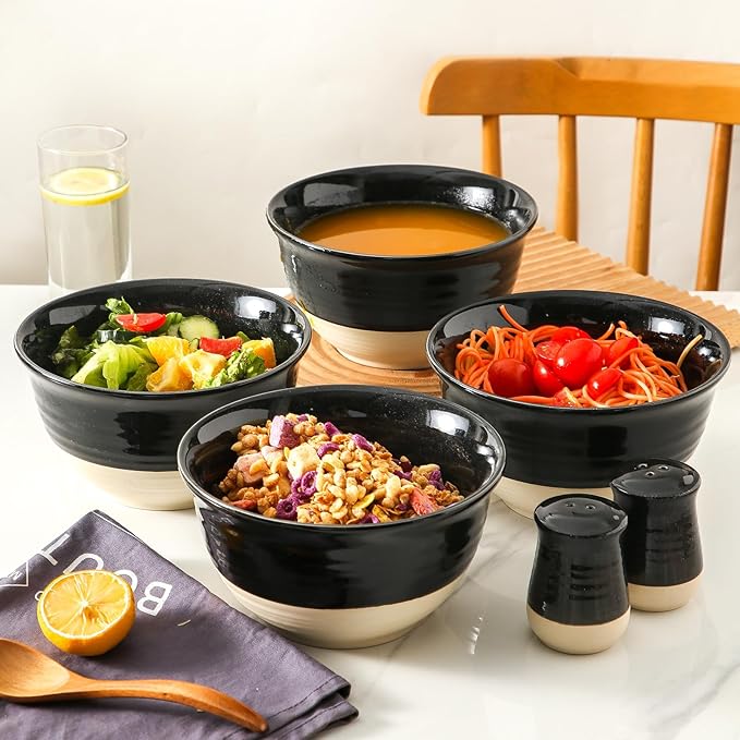 HASENSE Large Ceramic Soup Bowls Set of 4, 40 Oz Gloss Black Beige Stackable - Image 4