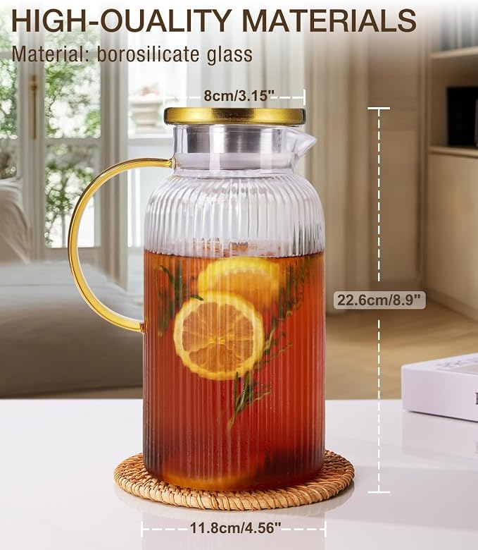 2 PACK Glass Pitcher with Lid 64 oz, Classic Vertical Stripes Pitcher with Lid - Image 4