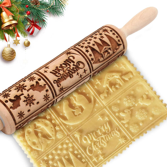Christmas Embossed Rolling Pin for Baking Cookies Embossing Rolling Pins with Design Wooden Engraved Springerle Roller Pin Dough Patterned Clay Pottery Ceramic Bakers Women (Nativity Square Patterns)