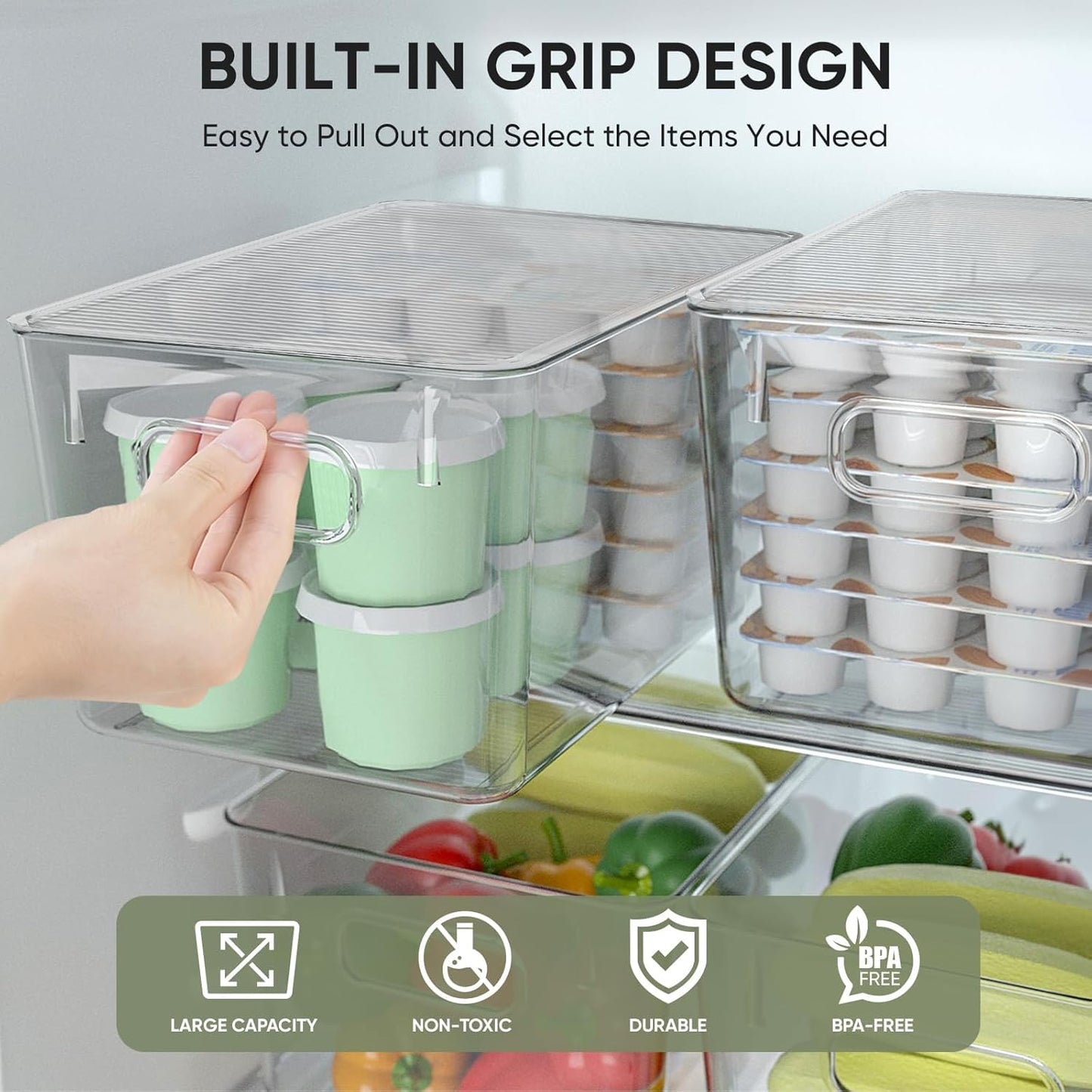 BALEINE Clear Stackable Storage Bins with Lids, Plastic Containers with Handle for Pantry Organizers and Storage, Plastic Bins for Fridge, Kitchen, Bathroom, Cabinet (13x7.4x7, 6PK)