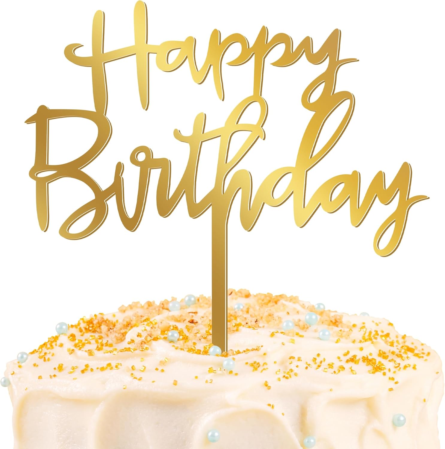 1PCS Gold Happy Birthday Cake Topper, 4.7 x 5.5 Inches Birthday Cake Decorations, Glitter Mirror Acrylic Cake Topper for Birthdays, Anniversaries, or Milestone Celebrations