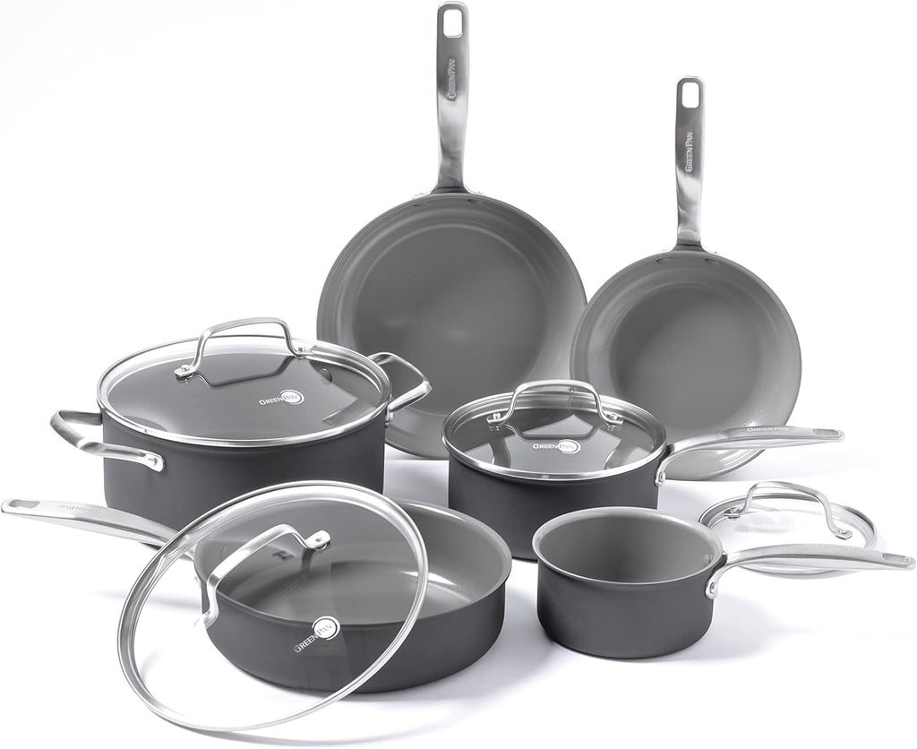 GreenPan Chatham Hard Anodized Healthy Ceramic Nonstick 10 Piece Cookware Pots and Pans Set, Frying Pan Skillets, Saucepans, Saute Pan, Stockpot, Lids, PFAS-Free, Dishwasher & Oven Safe, Gray