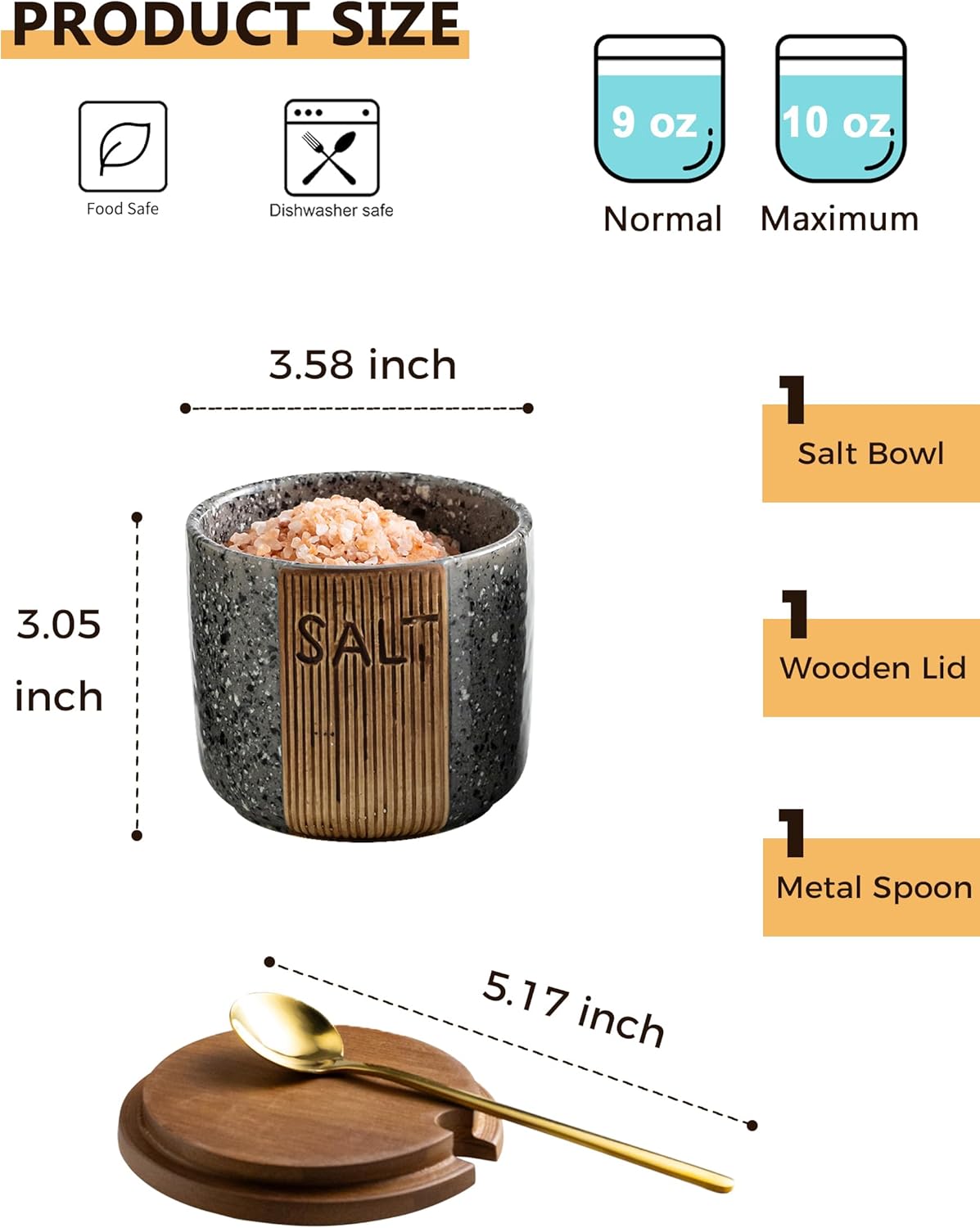 Salt Cellar with Lid & Spoon, Ceramic Salt Container for Countertop, 10 OZ Salt Bowl Holder, Gray