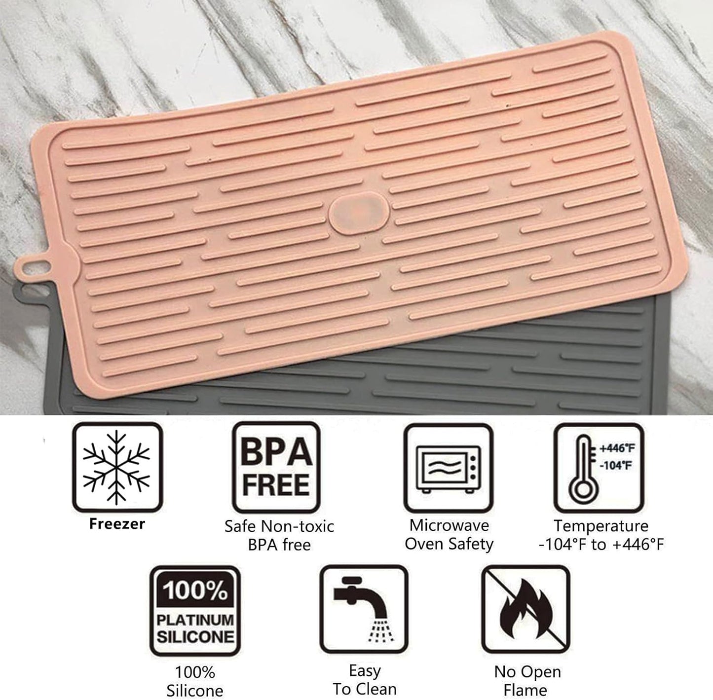 Dish Drying Mat,Large Silicone Drying Mat,Silicone Kitchen Countertop Drying Mat for Pots, Pans, Glassware, Silverware (Pink)