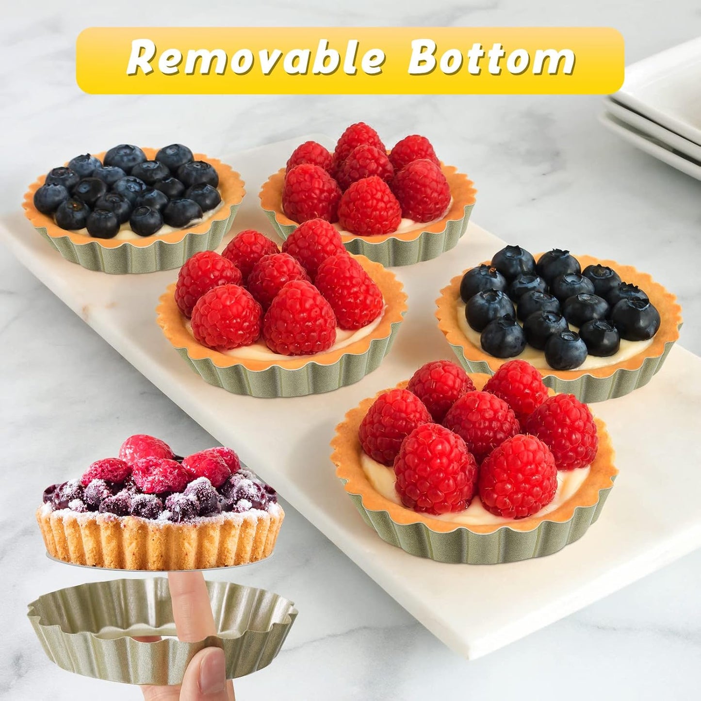 Uiifan 32 Pcs Mini Tart Pans Egg Tart Molds with Removable Bottom Round Nonstick Quiche Pan Mini Pie Pans Small Bakeware Mold Fluted Side for Mousse Cake Dessert Baking(4 Inch,Gold)