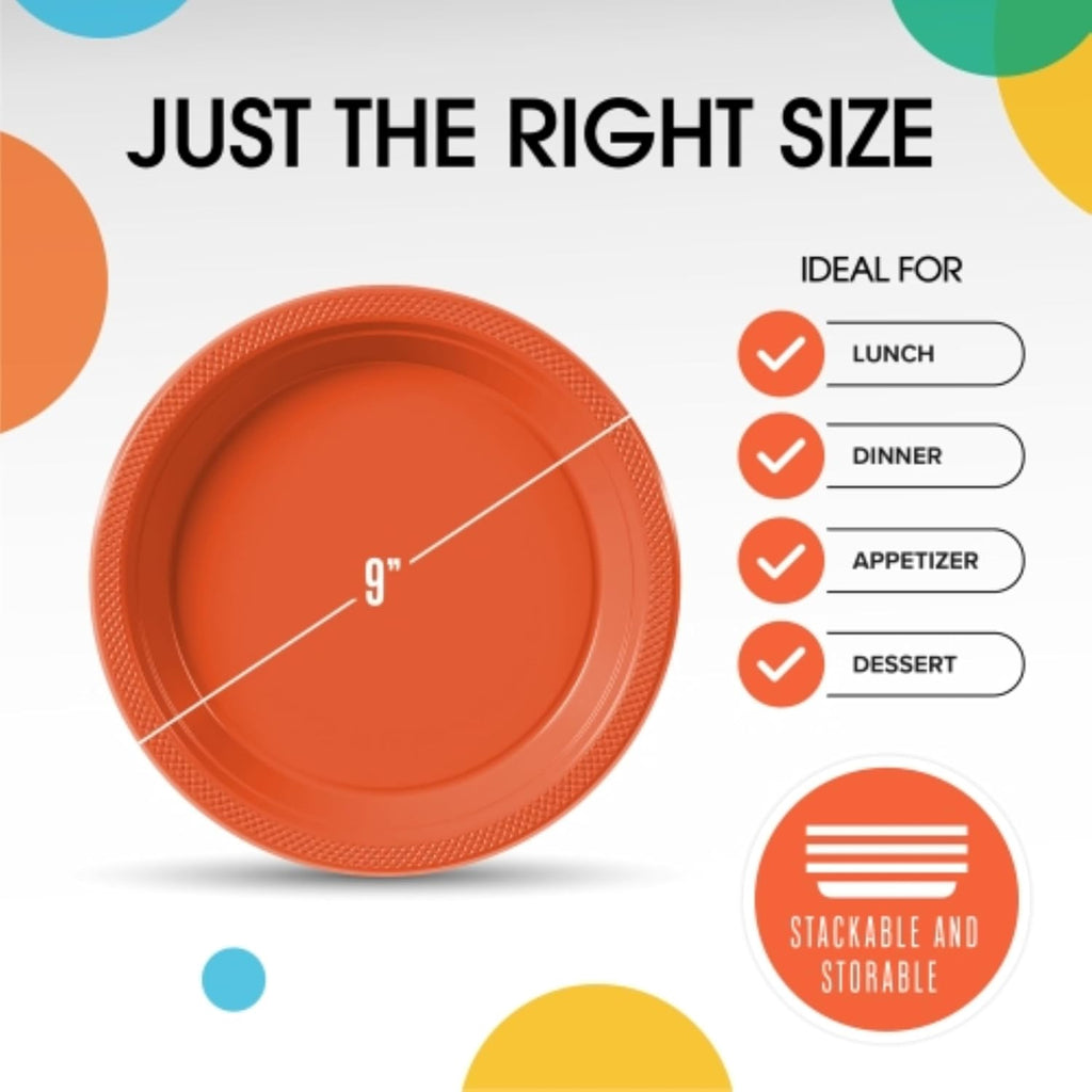 Exquisite Party Solids Orange Plastic Plates For Party 9" Orange Disposable Plates Heavy Duty Supplies 100 Pcs Plastic Dinnerware Sets Heavy Duty 350 GSM Disposable Dinnerware Set