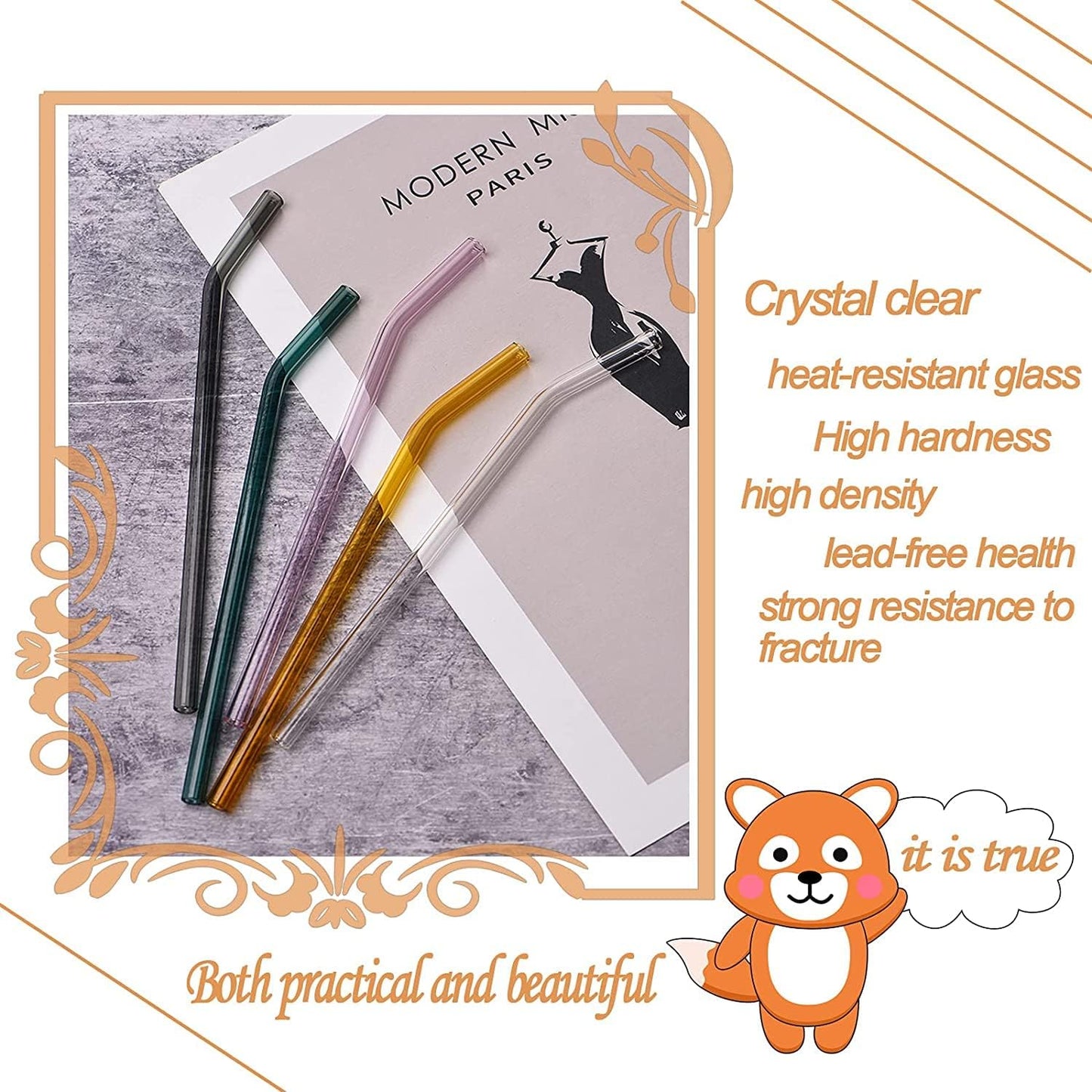 6 Reusable Colorful Curved Glass Straws, 8 Inches, Shatterproof and Heat-Resistant, Includes 2 Cleaning Brushes.
