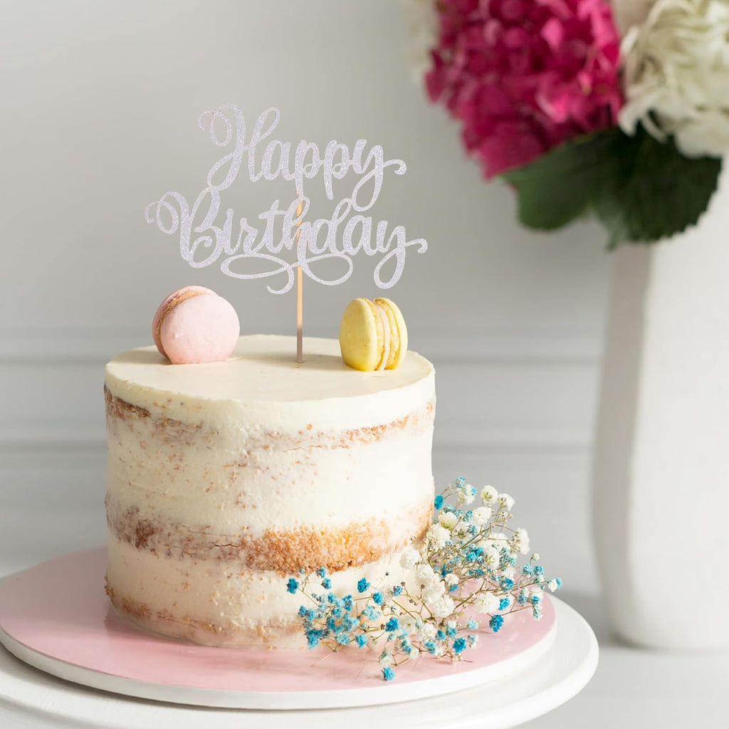 Happy Birthday Cake Toppers 9 Inch Glitter Happy Birthday Cake Pick for Birthday Anniversary Theme Party Cake Decorations Supplies - Silver