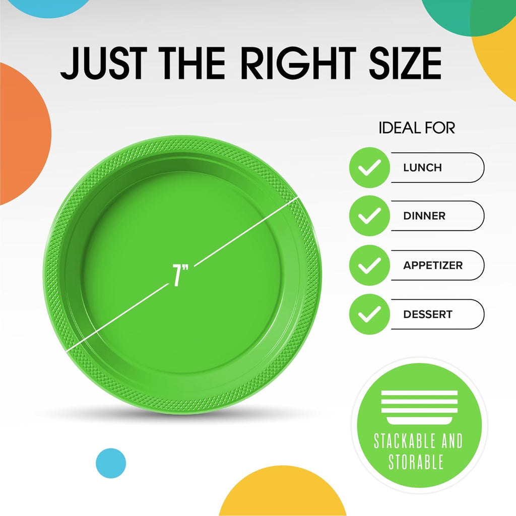 Exquisite Party Solids Lime Green Plastic Plates For Party 7" Lime Green Disposable Plates Heavy Duty Supplies 100 Pcs Plastic Dinnerware Sets Heavy Duty 350 GSM Disposable Dinnerware Set