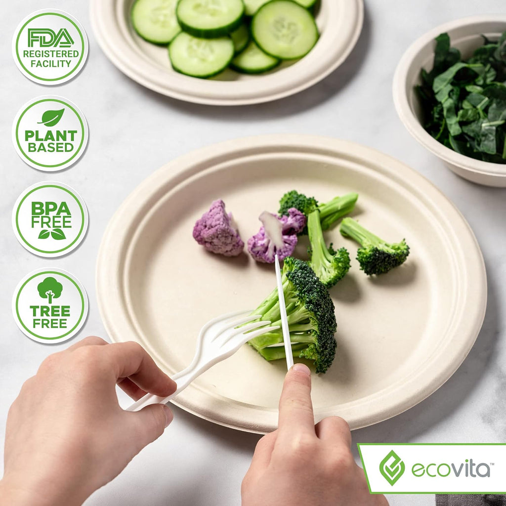 100% Compostable Forks - 500 Large Disposable Utensils (7 in.) Bulk Size Eco Friendly Durable and Heat Resistant Alternative to Plastic Forks with Convenient Tray