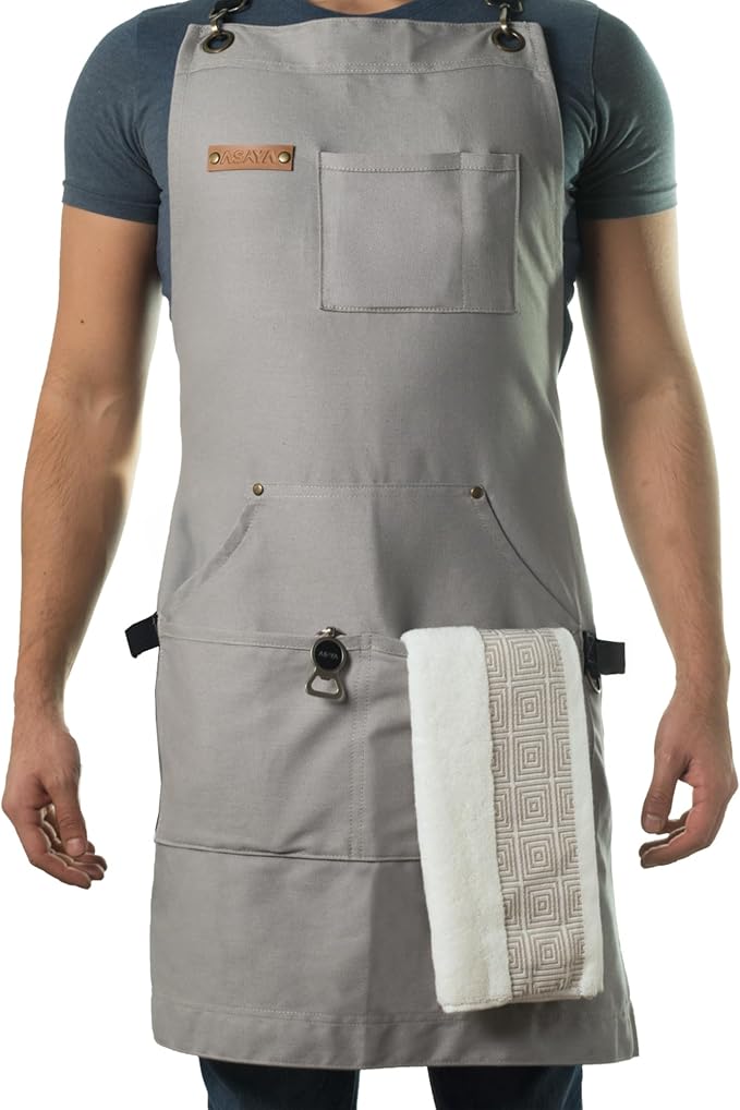 Asaya Chef and BBQ Apron with Bottle Opener and Hand Towel - 10oz Cotton Canvas by AsayaChefProducts