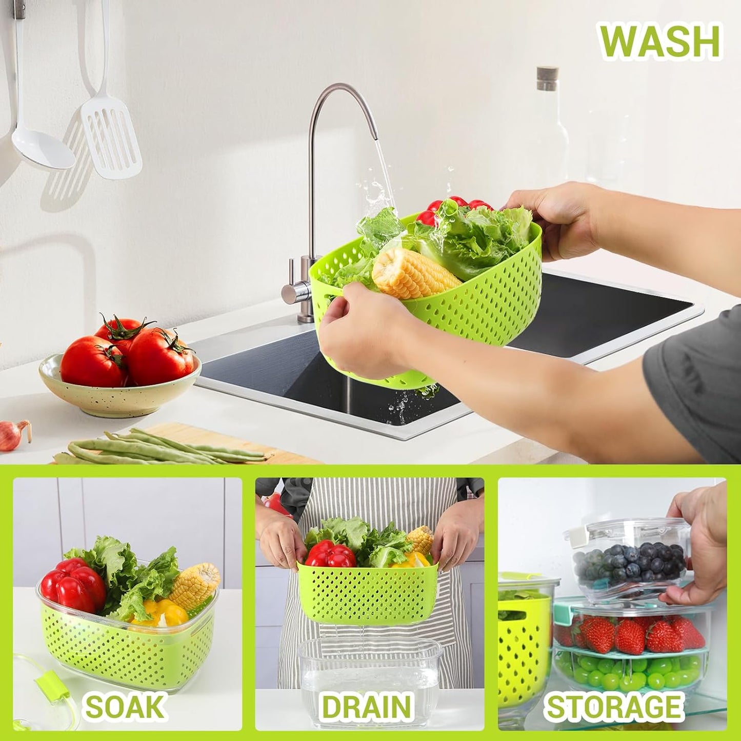 LUXEAR Fresh Produce Vegetable Fruit Storage Containers 3Piece Set, BPA-free Fridge Storage Container, Partitioned Salad Container, Fridge Organizers, Used in Storing Fruits Vegetables, Green