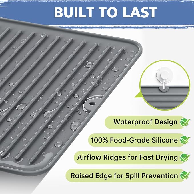 Songrey 16" x 12" Silicone Dish Drying Mat, Kitchen Counter Drying Pad - Image 2