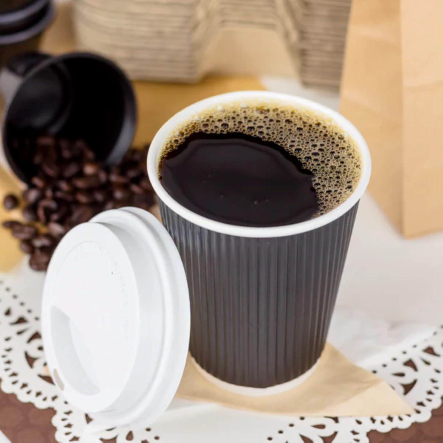 Karat 12 oz Ripple Insulated Coffee Cup [500 Count] Black Disposable Paper Hot Cup, Sturdy & Leak Proof, 90mm, No Lids