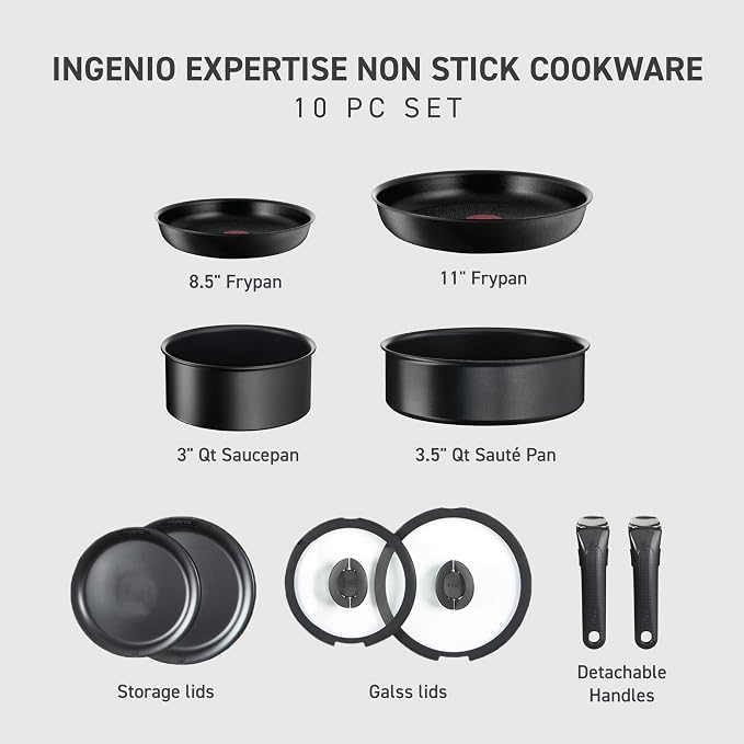 T-fal Ingenio Expertise Non Stick Cookware Set 10 Piece, Oven Broiler Safe 500F - Image 2