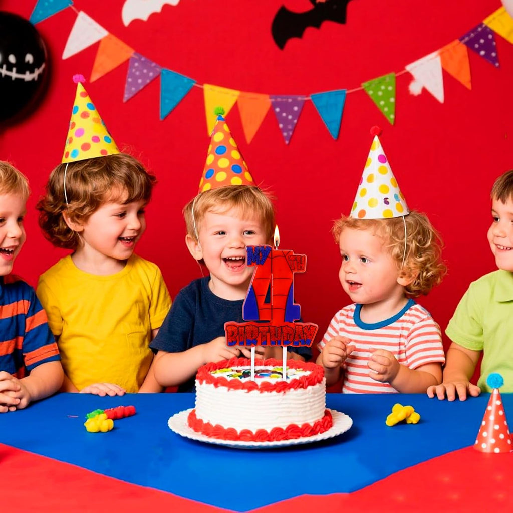 Spider Birthday Party Decorations, Number 4 Red Spider Web Happy Birthday Cake Candle for Boys Girls Spider Web 4th Birthday Party Supplies (Spider Web 4th Candle)