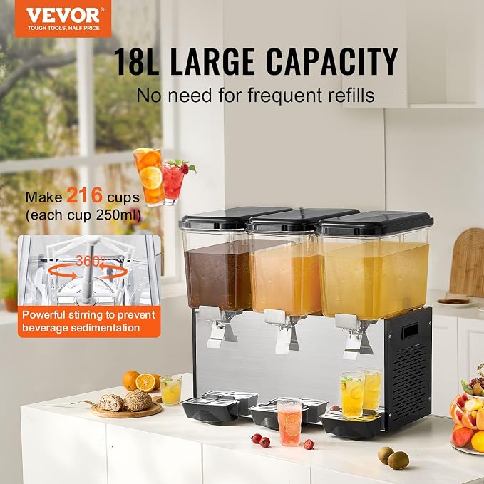 VEVOR Commercial Beverage Dispenser, 3 Tanks 18 L / 19 QT Per Tank Juice - Image 2