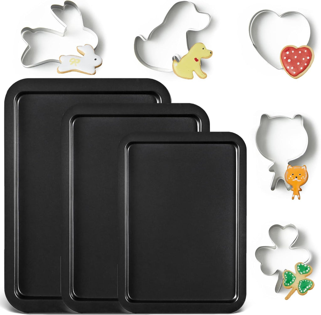 HONGBAKE Baking Sheet with Cookie Cutters, Jelly Roll/Quarter Baking Pan Set for Oven, 8 Pack Nonstick Bakeware Sets with Wider Grips, Premium, Dishwasher Safe - Dark Grey