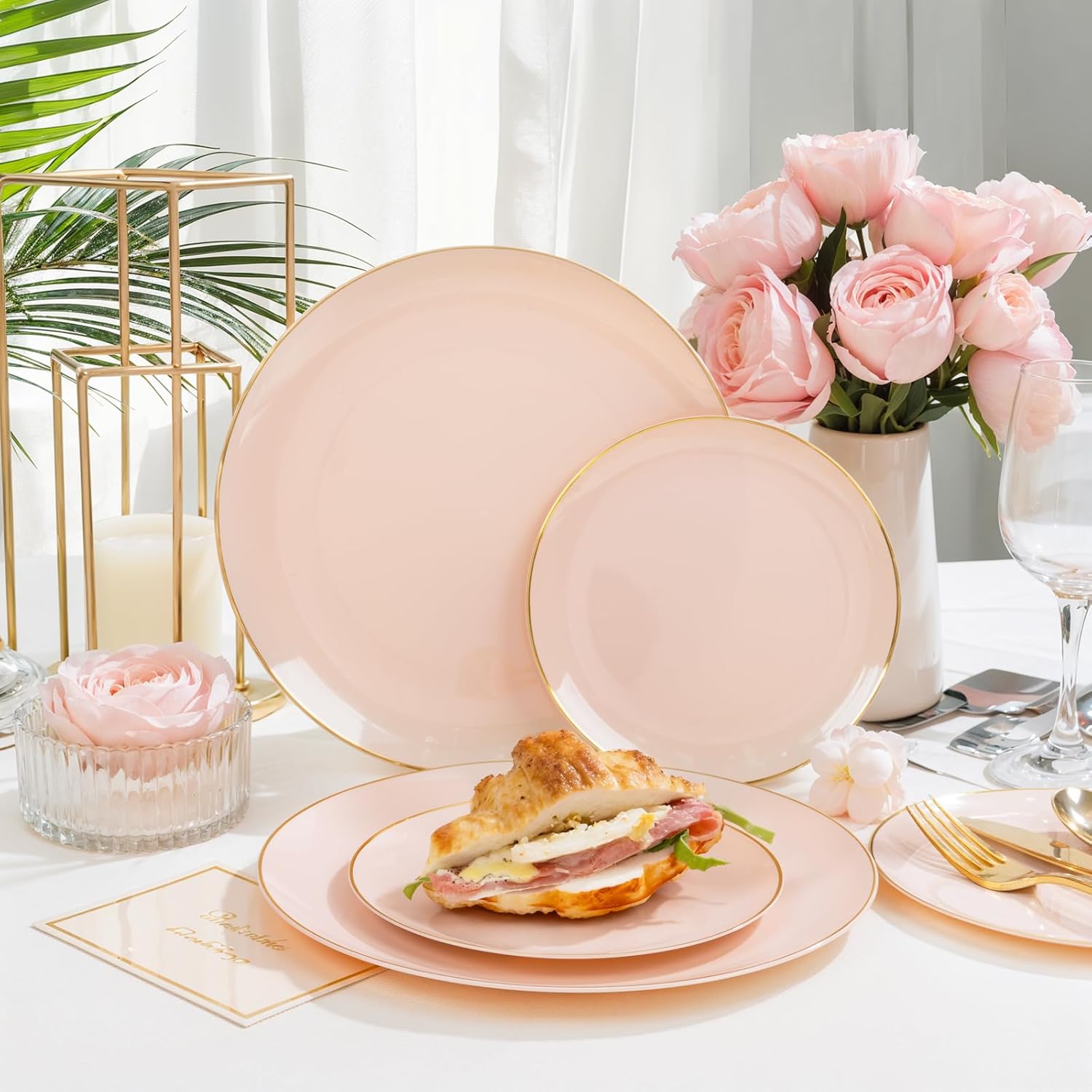 PULOTE 200Pieces Pink Plastic Plates - Premium Hard Pink and Gold Disposable - Include 100PCS 10 inch Dinner & 100PCS 7 inch Dessert Plates, Ideal for Wedding & Party