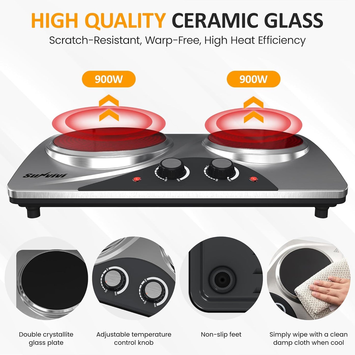 Sunvivi 1800W Dual Burner Portable Electric Ceramic Stove – Knob Control, Indicator Light, Compatible with All Cookware, Ideal for Multiple Cooking Scenarios, Silver