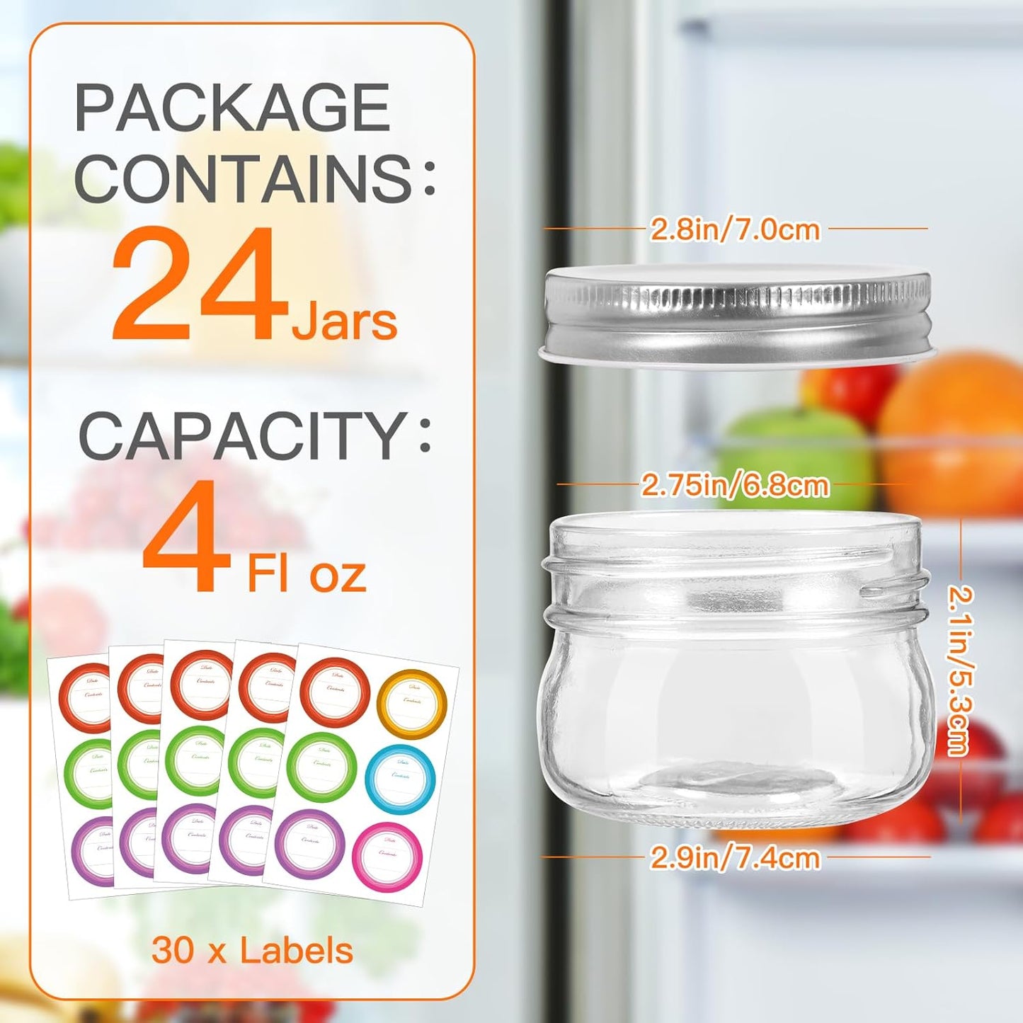 4 oz Mason Jars With Silver Lids, 24 Pack Regular Mouth Canning Jars for Jam, Honey, Yogurt, Spices, Snacks, DIY Projects, Wedding Favors- Includes 30 Stickers
