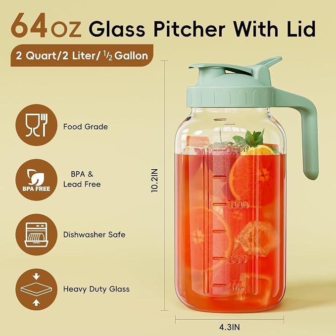 Glass Mason Jar Pitcher, 64 oz Wide Mouth Jug - Image 2