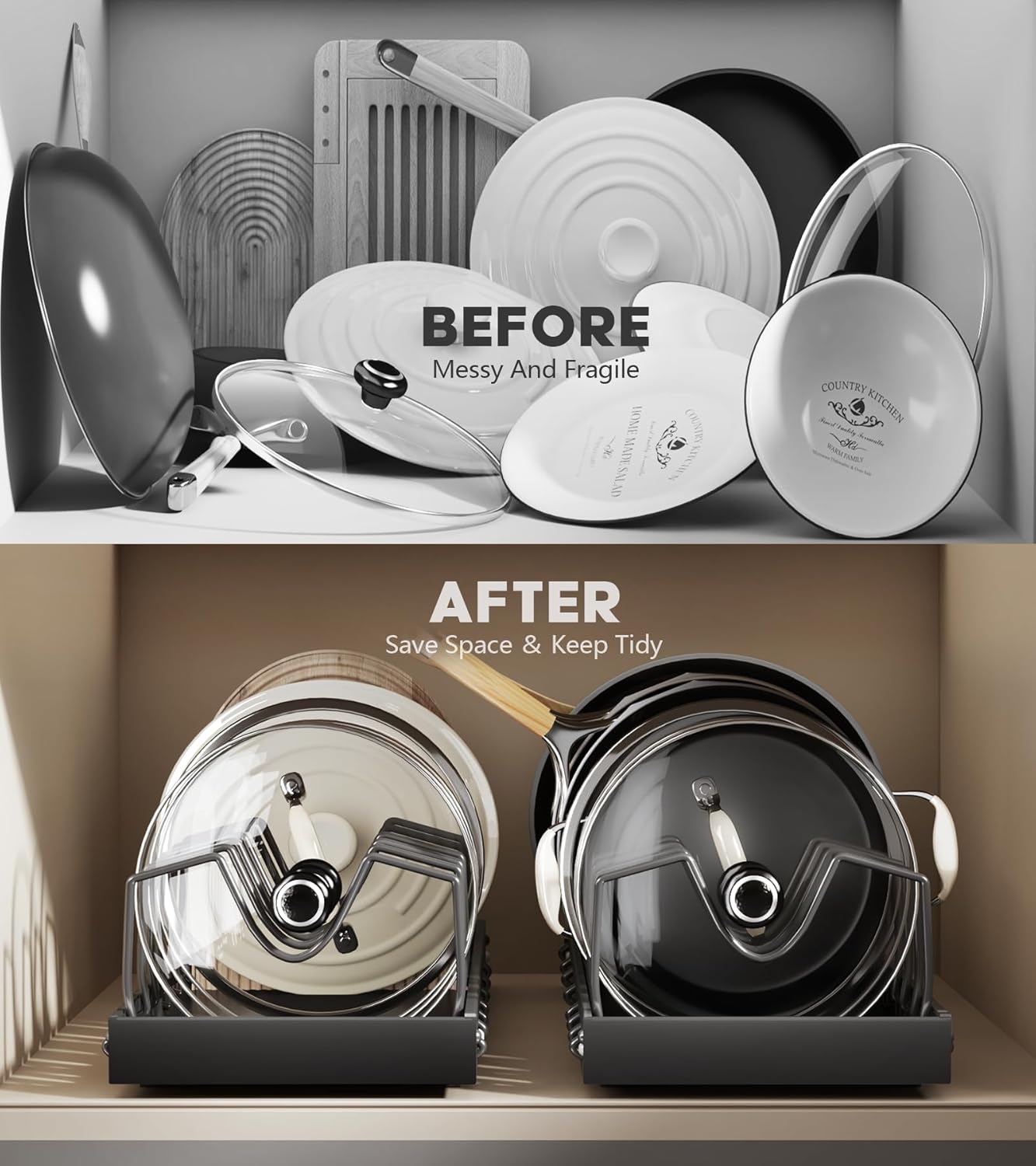 Pull Out Pots and Pans Organizer Under Cabinet, Expandable Sliding Lid Holder and Pan Rack for Kitchen, Slide Out inside Cabinet for Pot Lid, Bakeware, Dishes, 10 Adjustable Dividers, 2 Pack Black