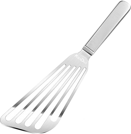 KSENDALO Thin Fish Spatula Stainless Steel -Flexible Slotted Egg Flipper with Angled Blade & Comfortable Hollow Grip, Metal Turner for Fish Egg Omelettes Pancakes, All Cookware, Dishwasher Safe