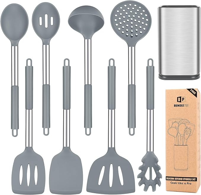 Silicone Cooking Utensil Set, BPA Free Heat Resistant Kitchen Tools by BUNDLEPRO