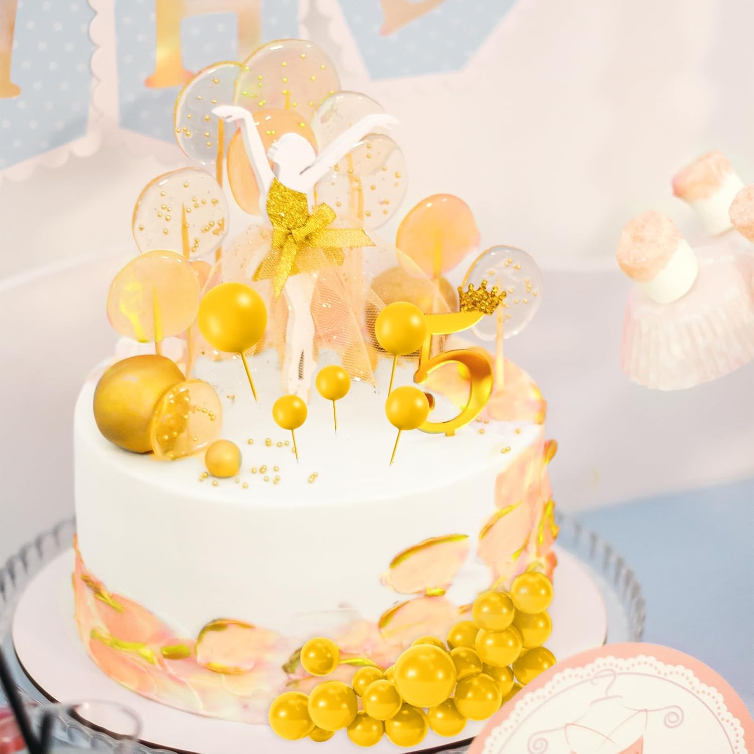 48 Pcs Yellow Cake Topper Decorations - Balloon Cupcake Toppers Foam Cake Balls for Birthday Party, Wedding Anniversary Cake Decorating