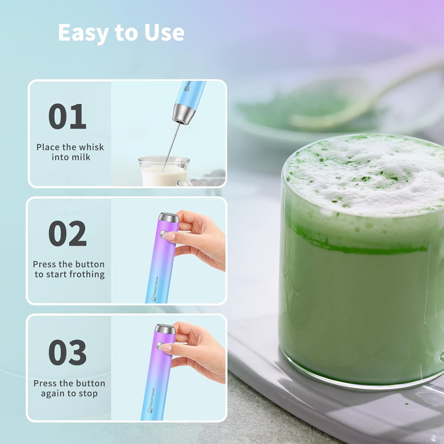 Maestri House Rechargeable Milk Frother with Stand, LunaFro Handheld Electric Foam Maker Waterproof Detachable Stainless Steel Whisk Drink Mixer Foamer for Lattes, Cappuccino