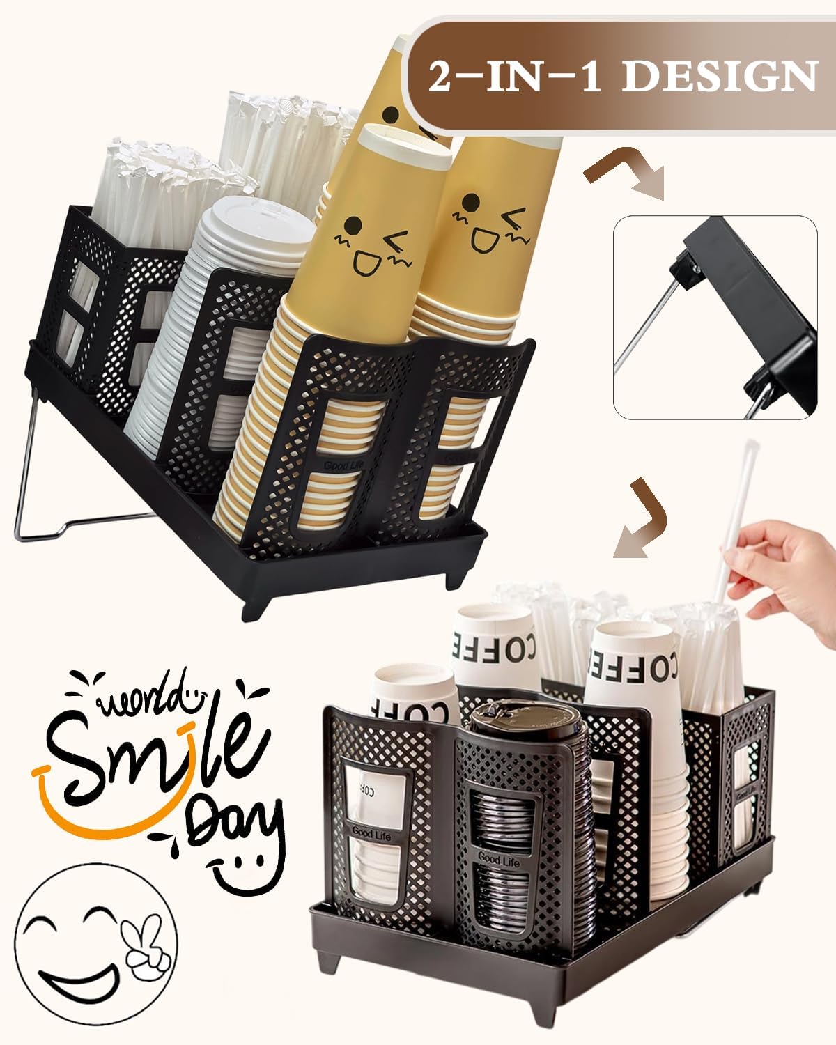 Coffee Cup Holder Organizer Unbreakable 2-IN-1 Paper Cup and Lid Holder with Straw Organizer Adjustable Paper Cup Holder for Countertop Coffee Station Bar Restaurant Breakroom Kitchen Office