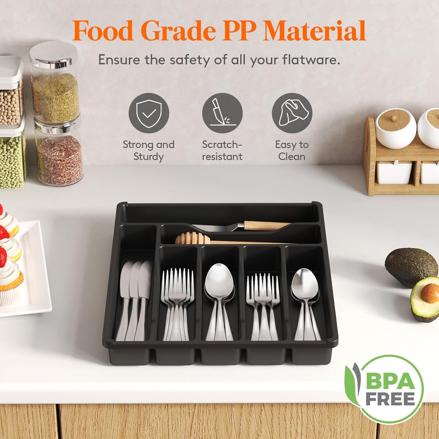 Lifewit Silverware Drawer Organizer Tray, Plastic Cutlery Storage for Kitchen Drawer, Flatware and Utensil Holder Divider for Spoons Forks Knives Tableware, 7 Compartment, Black