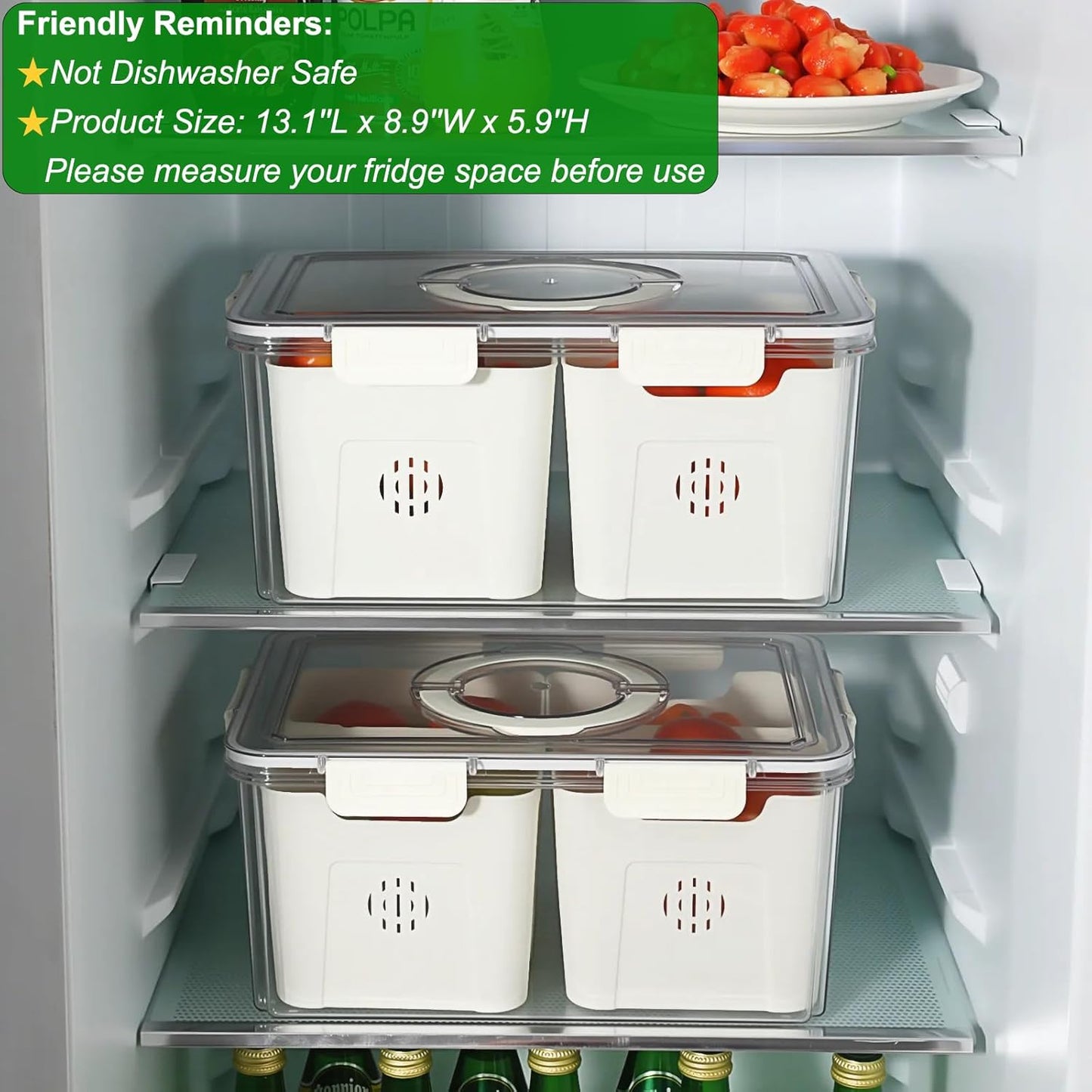 Taiuloo Airtight Fruit Storage Containers for Fridge with Lid & Handle, BPA-Free Snack Box Container with 4 Removable Colanders, Berry Vegetable Fresh Produce Saver, Clear Refrigerator Organizer Bins