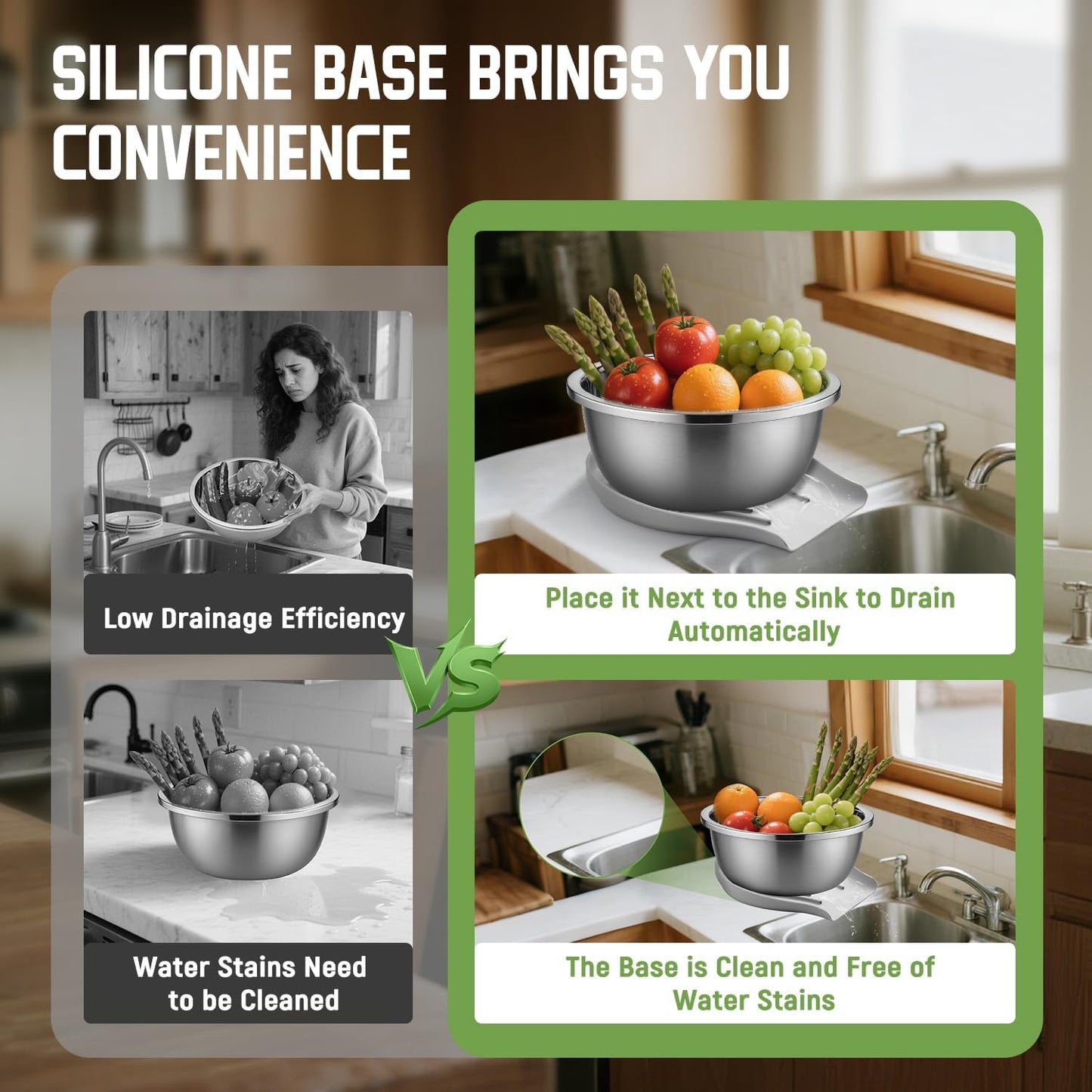 304 Stainless Steel Colander with Self-Draining Base, Goldusk 5QT Food-Grade Silicone Base Large Colander Strainer for Kitchen Pasta Strainer Washing Bowl for Pasta Rice Fruits Vegetables