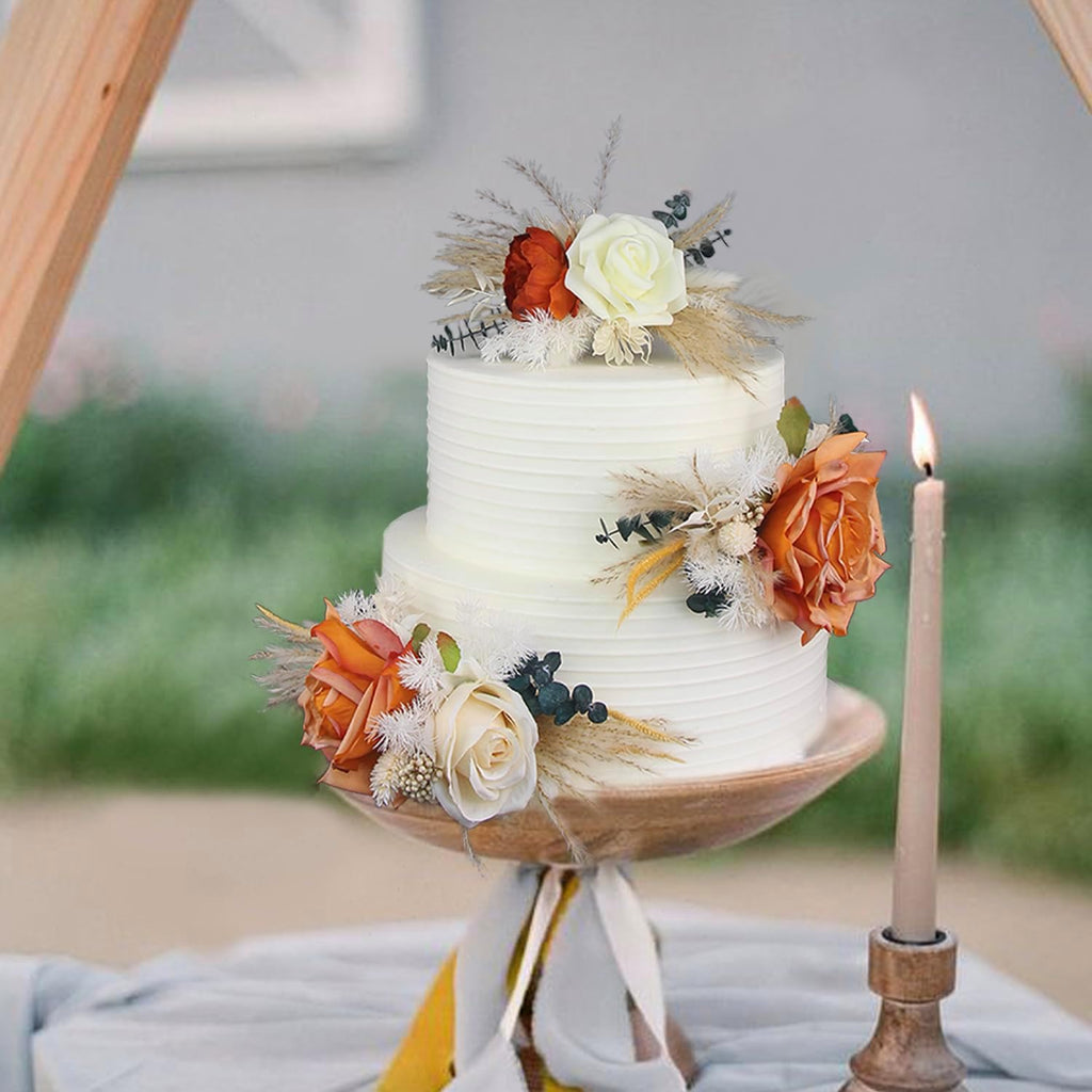 Rinlong 3-Piece Boho Chic Cake Toppers: Terracotta & Beige Silk & Dried Eucalyptus Flowers for Weddings, Birthdays, Baptisms & More