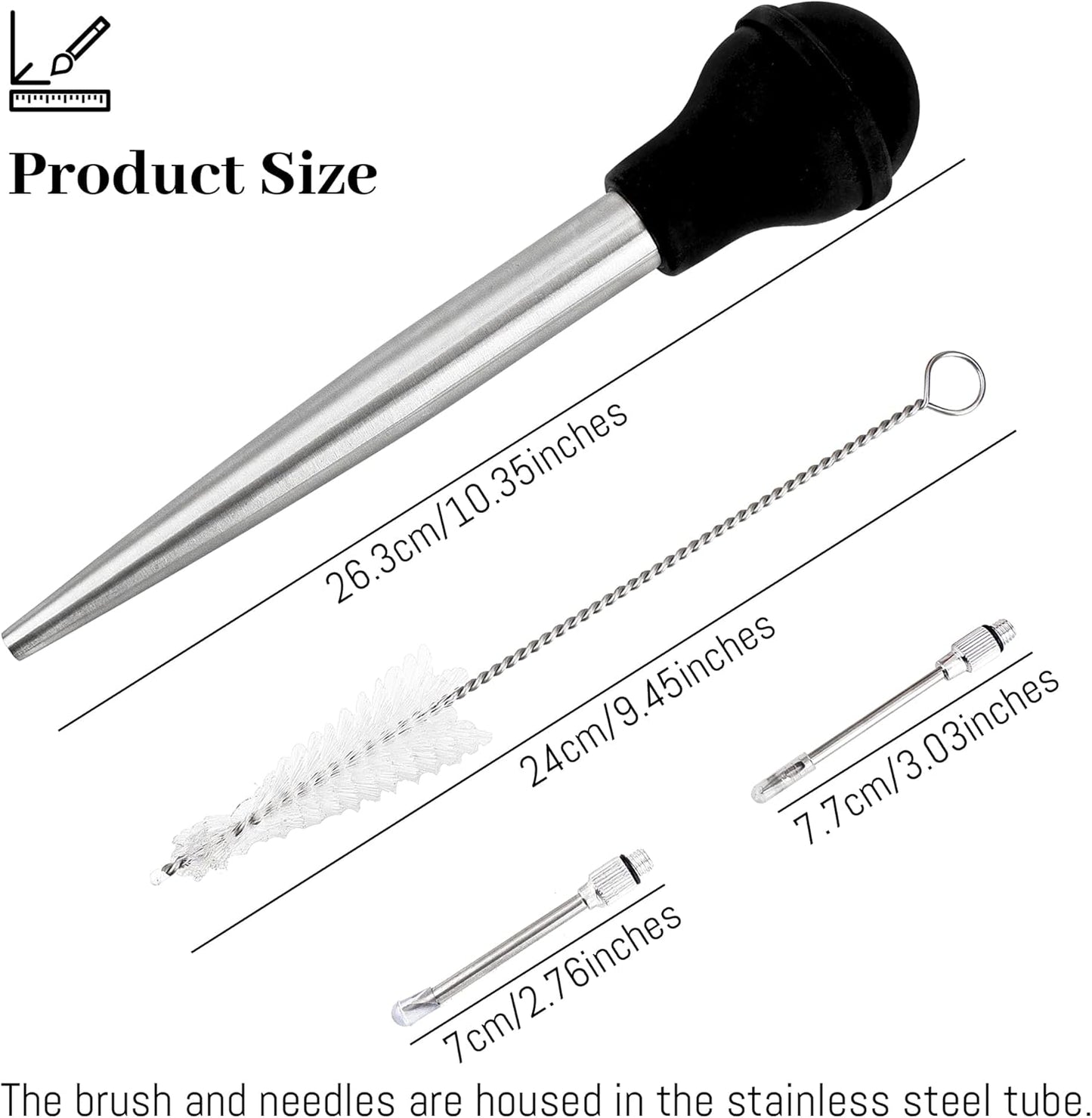 Turkey Baster Syringe for Cooking, Large Stainless Steel Meat Injector, with Cleaning Brush and 2 Marinade Needles, Black