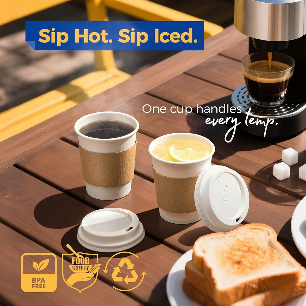 Fit Meal Prep 100 Pack 8 oz Disposable Coffee Cups with Lids, Sleeves, Leak-Proof To Go Coffee Cups with Lids, Durable Hot Paper Cups for Home, Office, Party, Business