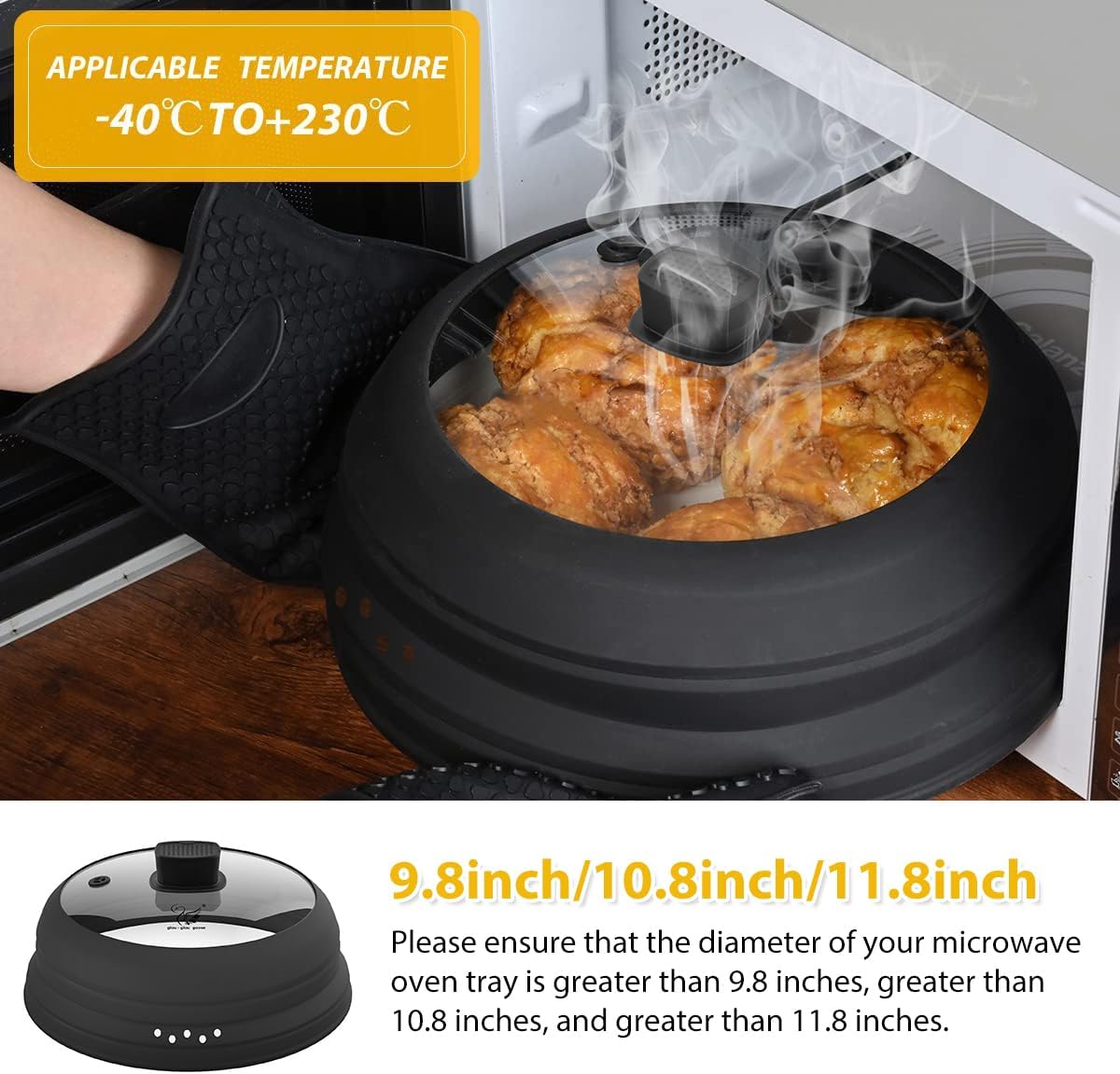 Microwave Splatter Cover Glass Cover Guard Lid with Collapsible Silicone for Food Pot Plate Cover 11.8 inch Black